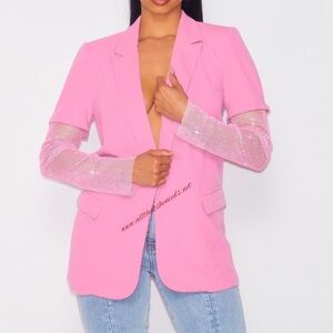 Pink Ice Me Out Blazer. Featuring a solid design with rhinestone sleeves. Size M